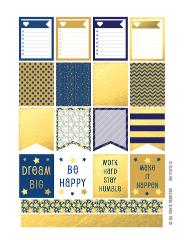 Monthly Planner Stickers Blue and Gold Tone Boxes & Strips Stickers Planner Labels Compatible with Erin Condren Vertical Life Planner