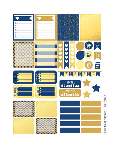 Monthly Planner Stickers Blue and Gold Tone Sampler Stickers Planner Labels Compatible with Erin Condren Vertical Life Planner