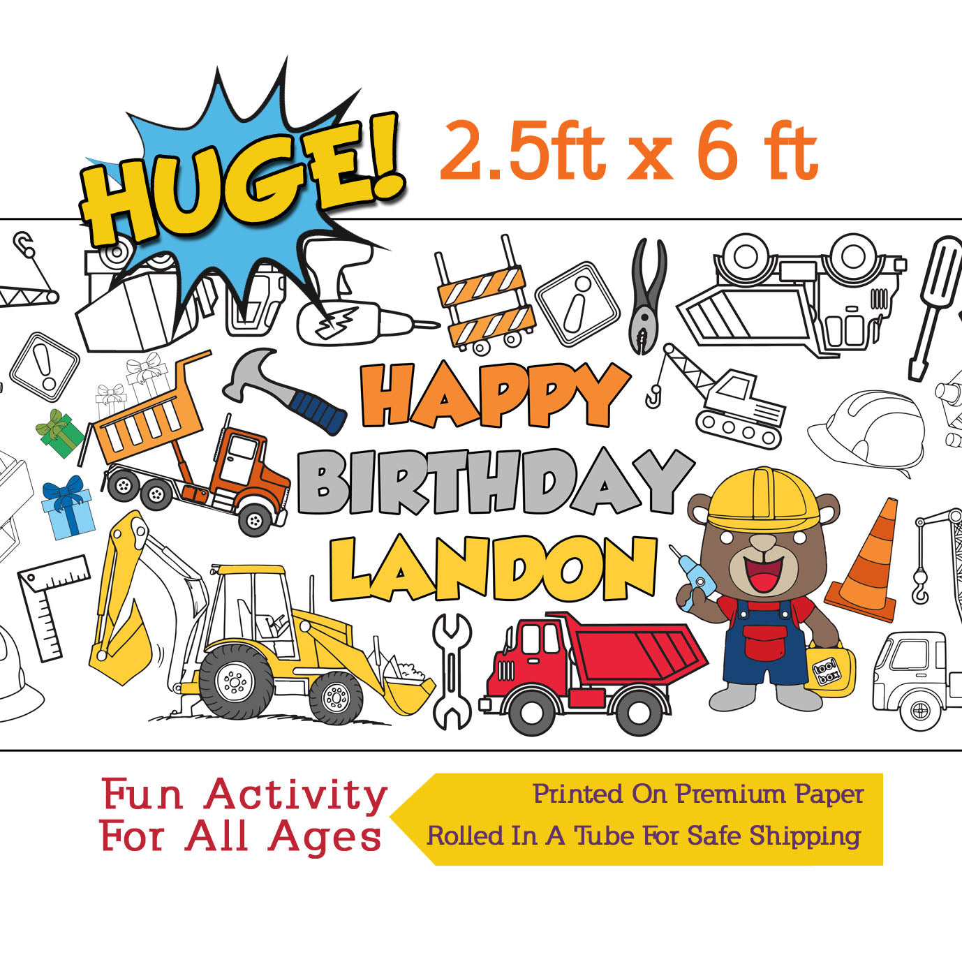 Personalized Construction Birthday Coloring Banner, Poster, Paper