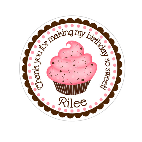 Pink and Chocolate Cupcake Personalized Birthday Favor Sticker