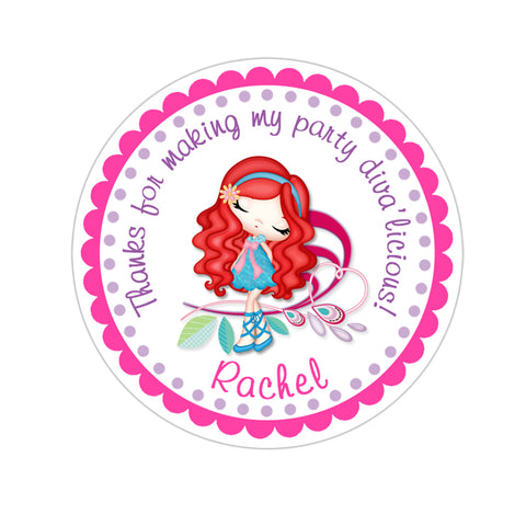 Red Hair Glamor Diva Personalized Birthday Favor Sticker