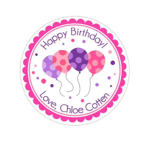 Pink and Purple Birthday Balloons Personalized Birthday Favor Sticker